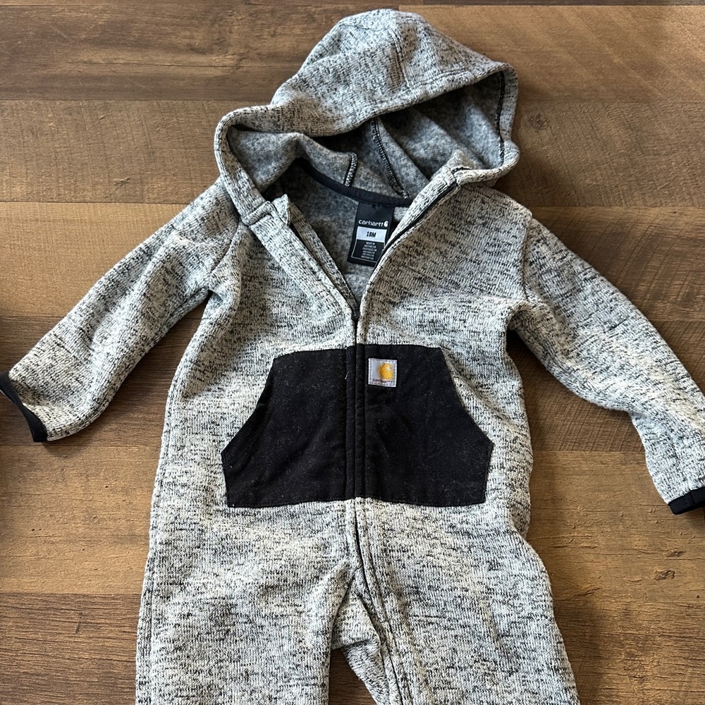 Carhartt Gray Hooded Baby Jumpsuit with Black Pocket